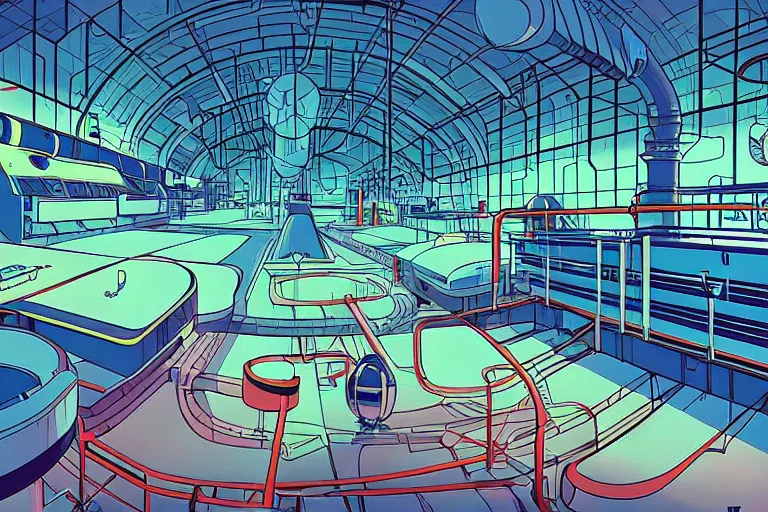 Image similar to a scifi illustration, factory interior. parallax birds eye view. vats of fluid. flat colors, limited palette in FANTASTIC PLANET La planète sauvage animation by René Laloux