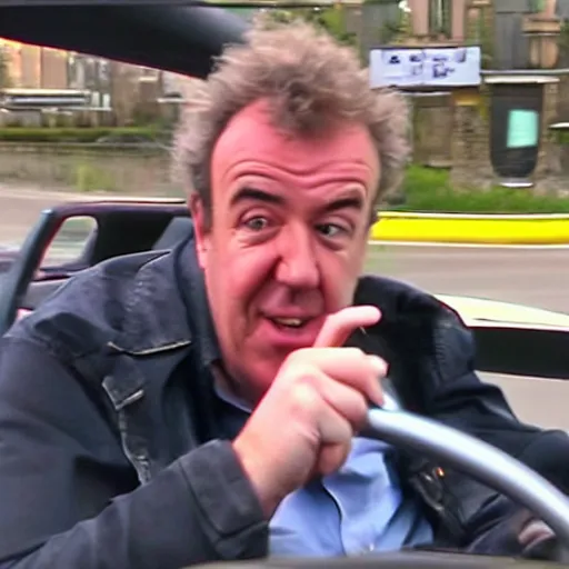 Prompt: Jeremy Clarkson driving and pressing car honk. Angry Jeremy Clarkson driving, honking. Jeremy Clarkson pressing honk while driving.