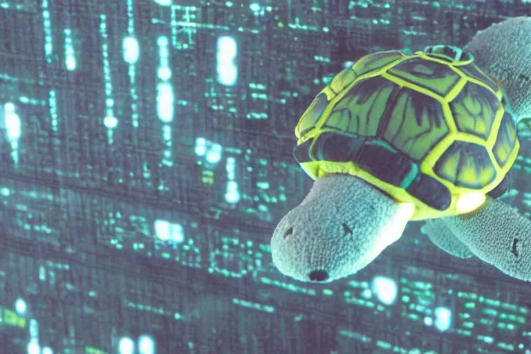 Image similar to cute turtle plushie in cyberspace, in 2 0 5 5, y 2 k cybercore, industrial low - light photography, still from a ridley scott movie