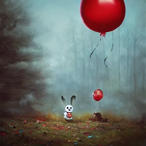 Image similar to grunge cartoon landscape portrait painting of a cartoon bunny and a red balloon by - michal karcz, loony toons style, pennywise style, horror theme, detailed, elegant, intricate