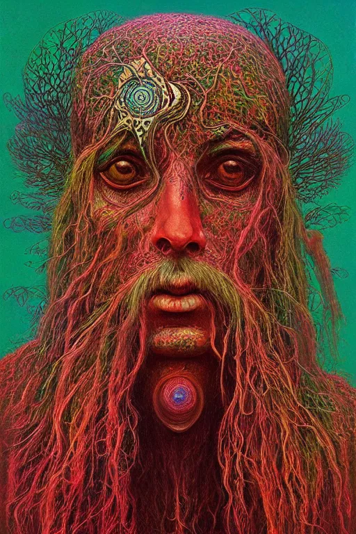 Image similar to psychedelic shaman, portrait, digital painting, highly detailed, intricate, trending on artstation, by zdzisław beksiński