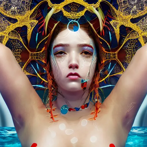 Prompt: kawaii puerto rican goddess swimming in the ocean wearing a bespoke headdress designed by emma yeo made of circuitry, inspired by cameron gray, wlop, stanley kubrick, masamune, unique perspective, photorealistic, intricate foreground, dof, trending on artstation, 3 d render, vivid