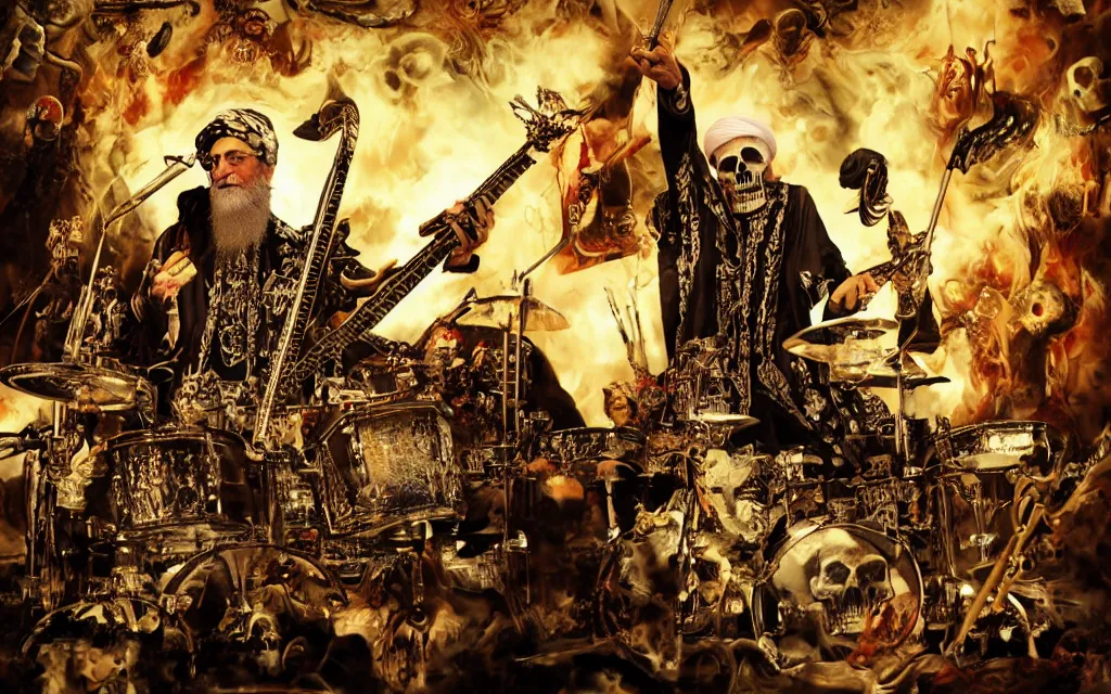 Image similar to khamenei playing drums in heavy metal band in hell, corded hanged bodies in horizon, skulls on the ground, guns, high definition, trending on artstation, unreal engine, photorealistic, high resolution,, trending on deviantart, hdr, hyper detailed, insane details, intricate, elite, ornate, elegant, luxury, dramatic lighting