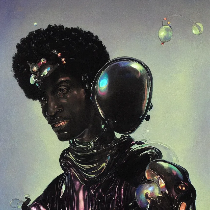 Prompt: a neoclassicist close - up portrait of a retrofuturistic black man with an afro cloaked in iridescent and reflective alien technology with glowing bubbles. foggy black background with dark puffy glowing clouds. highly detailed science fiction painting by norman rockwell, frank frazetta, syd mead and moebius. rich colors, high contrast, gloomy atmosphere, dark background. trending on artstation.