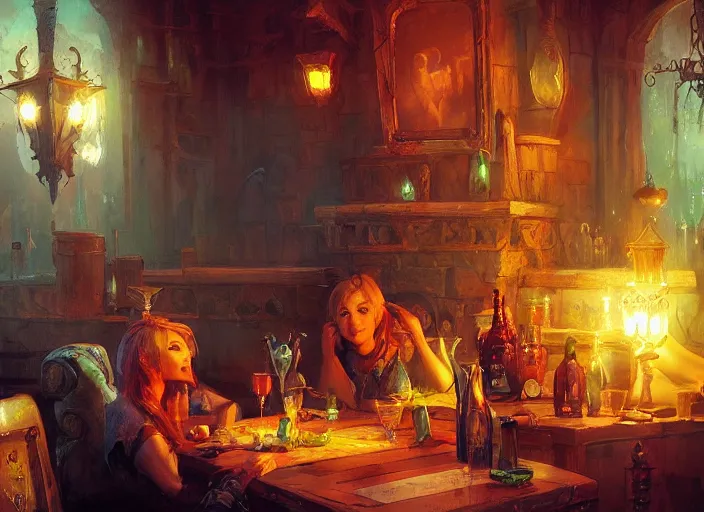 Prompt: comfy fantasy tavern by marc simonetti and vladimir volegov and alexander averin and delphin enjolras