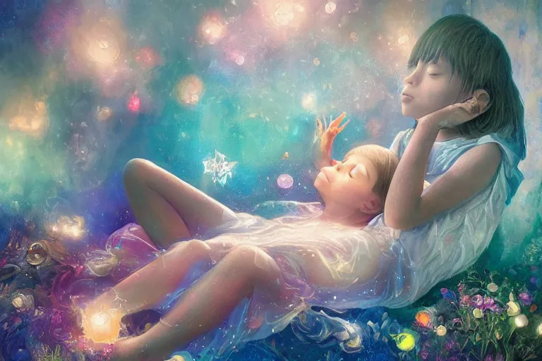 Image similar to a child falling into his bed to find a fantasy world, psychedelic, whimsical, 4k, beautiful, a crystal and flower, reflective pool, surrounded by gems, underneath the stars, rainbow fireflies, trending on patreon, deviantart, twitter, artstation, volumetric lighting, heavy contrast, art style of Greg Rutkowski and Miho Hirano and Ross Tran