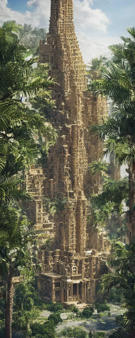 Prompt: photorealistic photo a contemporary babylon tower, golden intricate details, stone facade, sacred ancient architecture, lush hanging gardens, cascading highrise, arid mountains with lush palm forest, sunlight, post - production, octane, cgi, sfx