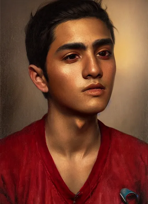 Prompt: portrait of a handsome mexican boy in old jalisco, painting by manuel sanjulian and tom bagshaw, oil on canvas, hyperrealism