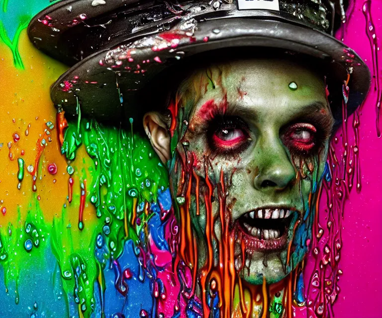 Image similar to beautiful 3 5 mm photograph of a slimy rotting zombie wearing a police uniform and police hat covered in colorful wet goop, dripping with colorful liquid, policeman, cop, biocop, intricate details, dark ambient, service cap, atmospheric, movie poster, poster, horror, elegant, super highly detailed, professional digital photo, artstation, concept art, 8 k