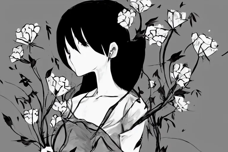 Image similar to “Extremely distraught black and white anime girl dramatically ugly crying with flowers petals being blown around her by a violent wind, black and white”