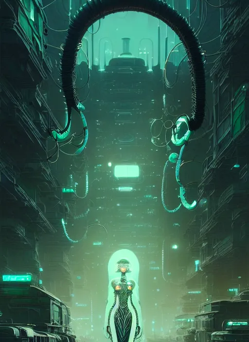 Image similar to highly detailed portrait of a biopunk long curly white hair tribal lady, stray wiring by atey ghailan, james gilleard, by joe fenton, by greg rutkowski, by greg tocchini, by kaethe butcher, 4 k resolution, gradient green, black and white color scheme!!! ( ( green caustic robotic dystopian city background ) )