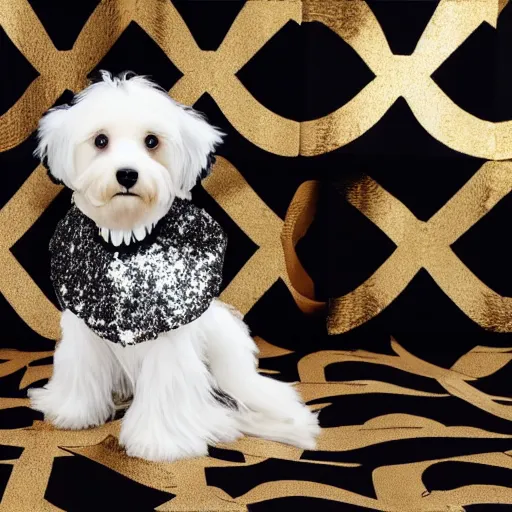 Image similar to a cream - colored havanese dog in a black and white sequined dress posing for a picture, a poster by david lachapelle, instagram contest winner, private press, tarot card, blueprint, black background