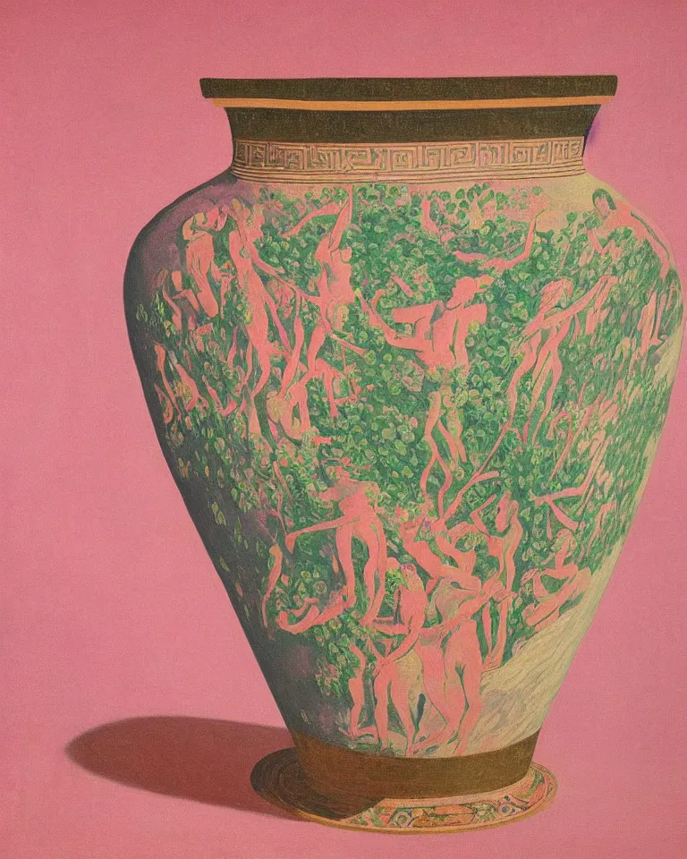 Image similar to achingly beautiful print of intricately painted ancient greek krater on a pink background by rene magritte, monet, and turner.