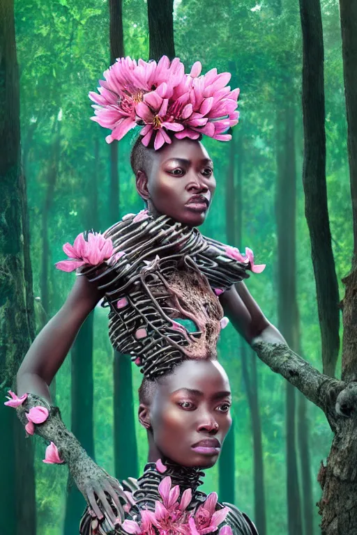 Image similar to hyperrealistic post - renaissance masterpiece super expressive! yoruba goddess with exoskeleton armor, merging with tree in a forest, pink flowers, highly detailed digital art cinematic, smooth cam de leon eric zener dramatic pearlescent soft teal light, ground angle hd 8 k, sharp focus