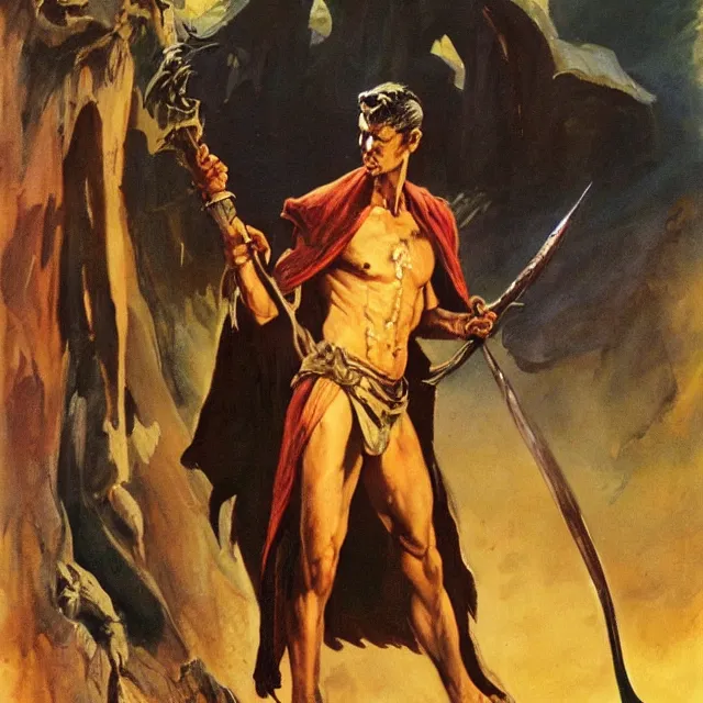 Prompt: highly detailed frank frazetta painting of robed evil lanky disheveled artist sorcerer holding scimitar in arabian surroundings