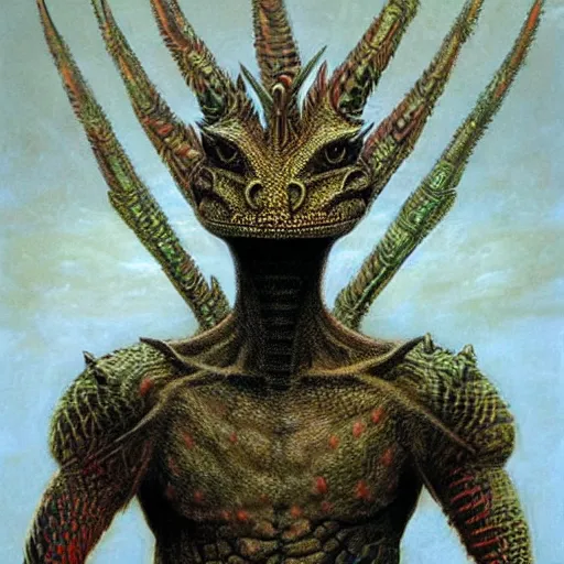 Image similar to tribal lizardman warrior full body concept, lizard head, dragon head, wearing tribal armor, beksinski
