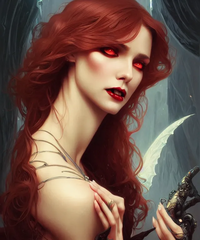 Image similar to A very beautiful lady vampire hypnotises you to bite your neck, sci-fi, amber eyes, face, long hair, fantasy, intricate, elegant, highly detailed, digital painting, artstation, concept art, smooth, sharp focus, illustration, art by artgerm and greg rutkowski and alphonse mucha