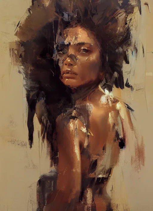 Image similar to painting of a beautiful woman with the face of a lion, loosely robed in animal skins, with a strong pose, by Jeremy Mann, stylized, detailed, loose brush strokes, warm tones, vivid colors, realistic