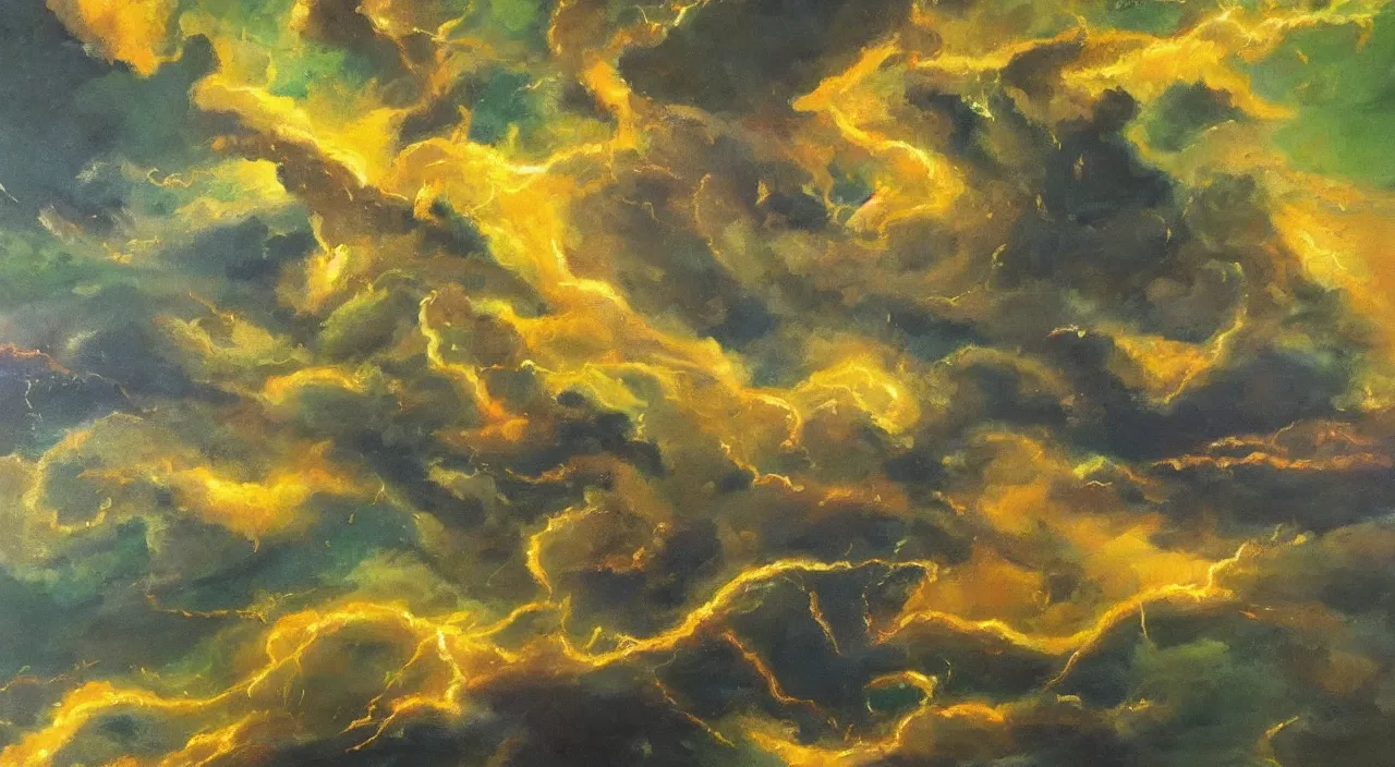 Image similar to beautiful oil painting of golden eastern dragon in sky, green lightning, night clouds, above forest