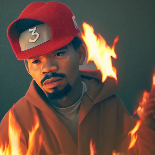 Image similar to cinematic film still of Chance The Rapper starring as a Samurai holding fire, Japanese CGI, VFX, 2022, 40mm lens, shallow depth of field, film photography