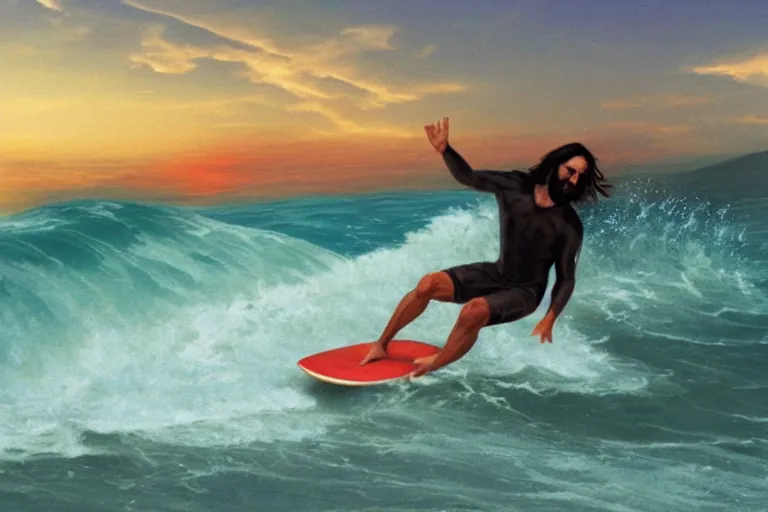 Image similar to jesus surfing the vibe wave