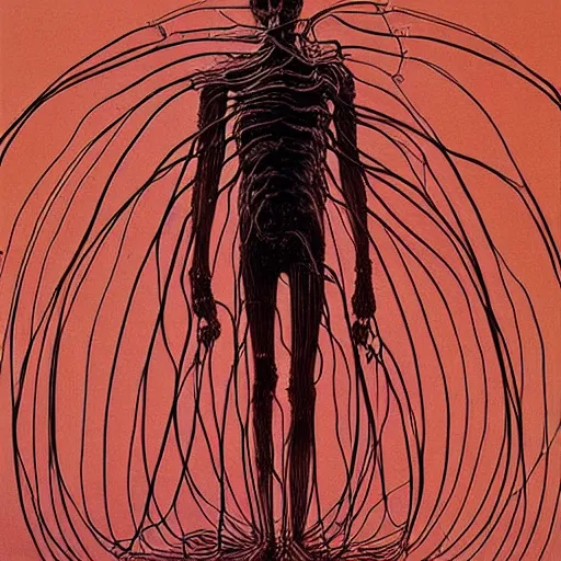 Prompt: a cyborg with many wires and cables Bursting out of them painfully and uncontrollably by junji ito and Zdzisław Beksiński