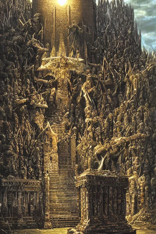 Prompt: Artwork by Ted Nasmith of the cinematic view of the Cenotaph of Ever-changing Blasphemy.