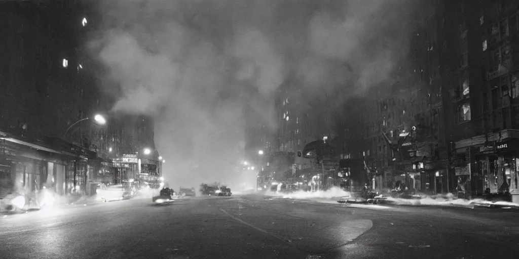 Prompt: a high resolution photo of a new york street at night on fire surrounded with smoke and cars with bright headlights by robert capa, realistic photo, leica, cinematic lighting, magnum award winning photograph, parallax photography,
