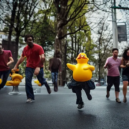 Prompt: rubber duck zombies chasing terrified people, photography