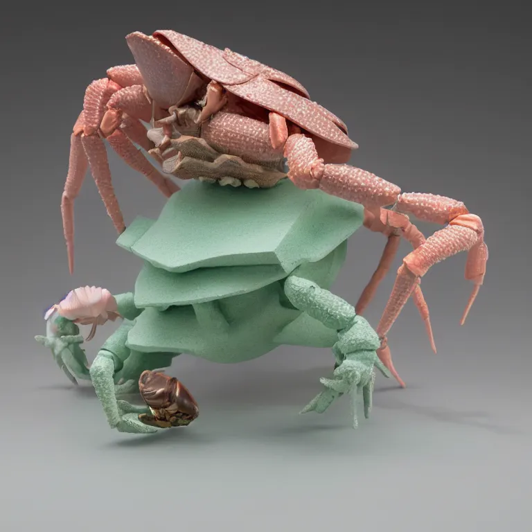 Prompt: hyperrealistic sculpture of a lightning whelk hermit crab dusted with rose and seafoam and hunter green spraypaint in a grid cage on a pedestal by ron mueck and duane hanson and lee bontecou, hyperrealistic dramatic colored lighting trending on artstation 8 k
