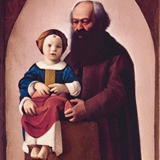 Image similar to Karl Marx as Madonna with child, Renaissance painting, art by Vermeer