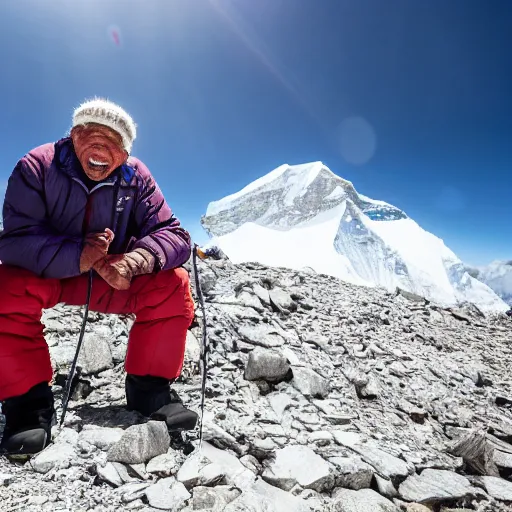 Image similar to elderly man on the summit of mount everest, smiling, happy, everest, mountain climbing, snow, cold, peak, summit, canon eos r 3, f / 1. 4, iso 2 0 0, 1 / 1 6 0 s, 8 k, raw, unedited, symmetrical balance, wide angle