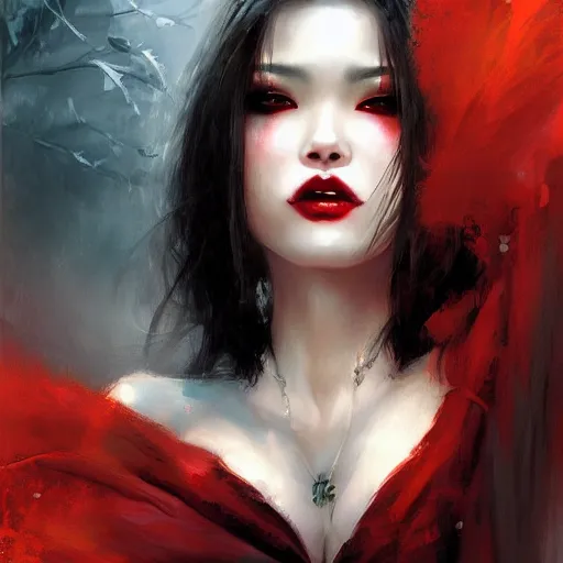 Image similar to beautiful asian vampire woman, paint by Raymond Swanland