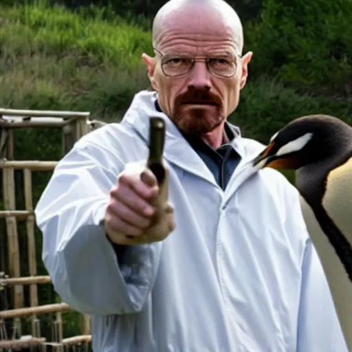 Prompt: walter white pointing at penguins in a zoo