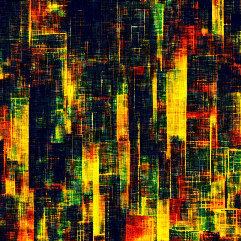 Prompt: an abstract painting of a cityscape at night, computer graphics by gerhard richter, unsplash, computer art, glitch art, glitchy