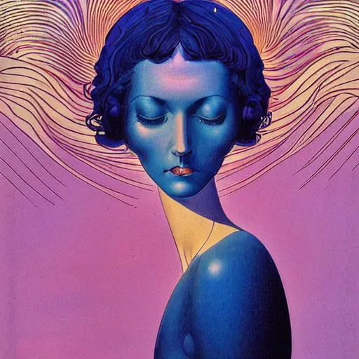 Image similar to dark blue haired woman, fair skinned, mœbius, jean henri gaston giraud, psychedelic, surrealism, dramatic lighting, angelic, beautiful, feminine