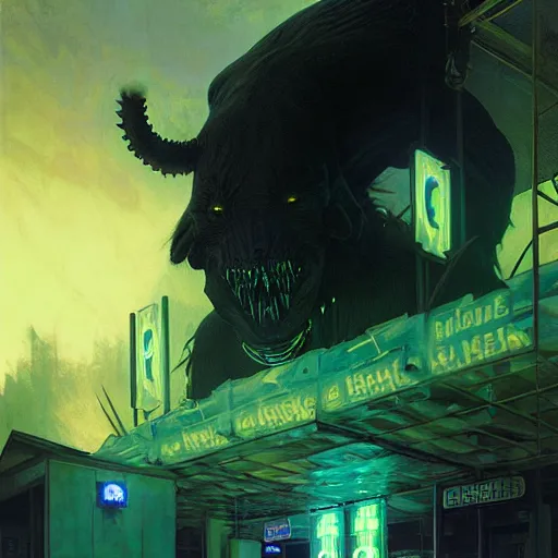 Image similar to menacing aggressive black creature made out of needles, archdemon, in a gas station, aggressive harsh fluorescent industrial green/blue lighting, extremely detailed digital matte painting buy Greg Rutkowski and Alphonse Mucha