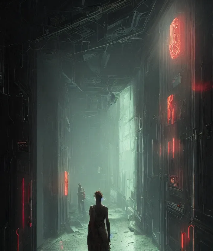 Prompt: a highly detailed epic cinematic concept art cg render digital painting artwork of a dark hallway, at the end there is a mysterious door with a neonsign by greg rutkowski, in the style of francis bacon and syd mead and norman rockwell and beksinski