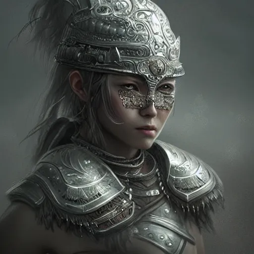 Image similar to beautiful extremely detailed intricate concept art depicting a warrior by wlop. shining jewelry. grey atmosphere. bcy. net