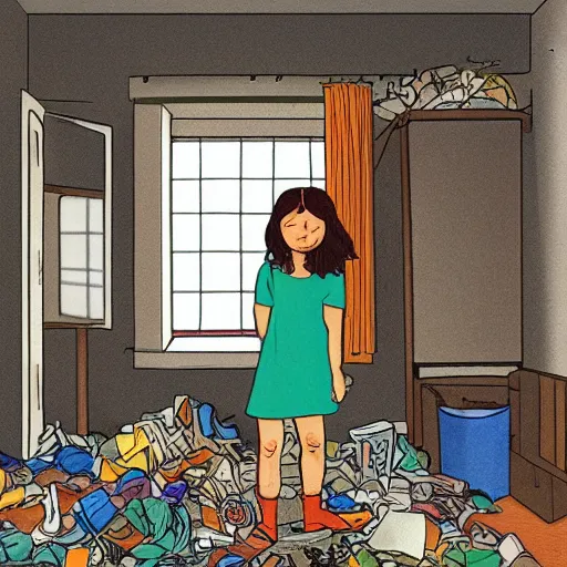 Image similar to girl looking out a window in a room full of garbage, lofi, detailed,