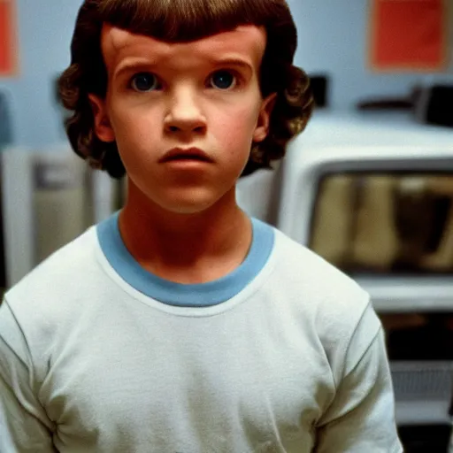 Prompt: arnold schwarzenegger as eleven, stranger things, 1 9 8 0 s, 8 k