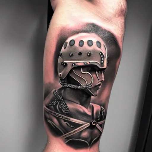 Image similar to medium shot of a gladiator wearing a galea, tattoo, tattoo art, Black and grey tattoo style