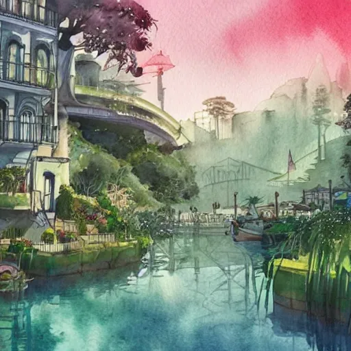 Image similar to Beautiful happy picturesque charming sci-fi town in harmony with nature. Beautiful light. Water and plants. Nice colour scheme, soft warm colour. Beautiful detailed watercolor by Lurid. (2022)