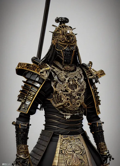 Image similar to hyper realistic glorious ancient samurai in a obsidian metal armor, futuristic design, designed by makoto kobayashi and luca zampriolo, portrait, cyberpunk style, wood and gold details, intricate, extremely detailed, ornate, deep of field, hard surface, exoskeleton, substance designer metal unreal engine. amazing likeness. very detailed.