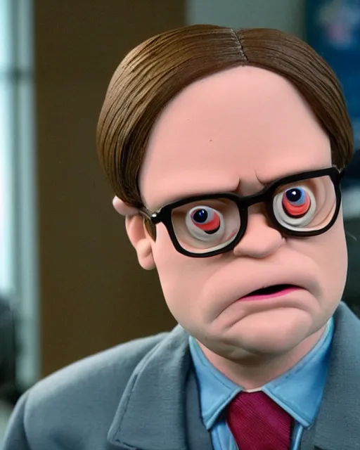 Image similar to film still from the office, dwight schrute as a muppet. highly detailed felt. hyper real photo. 4 k.