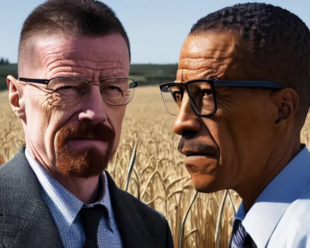 Image similar to walter white and gustavo fring stand facing each other from a distance in a wheat field, long shot, side view, 3 5 mm photograph, 8 k resolution, wide shot, sharp lens