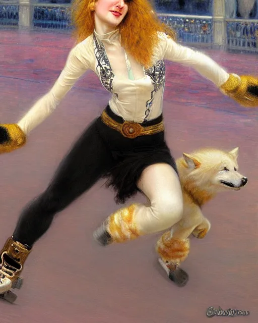 Prompt: white female anthro wolf skating at a roller derby, 4 k, furaffinity, trending on artstation, energetic, speed, motion blur, by gaston bussiere, sakimichan, j. c. leyendecker, gustav klimt, artgerm, greg rutkowski, alphonse mucha