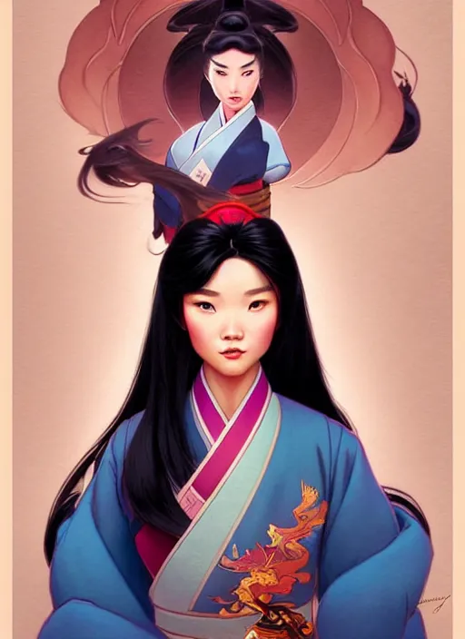 Image similar to portrait of disney mulan, intricate, elegant, highly detailed, my rendition, digital painting, artstation, concept art, smooth, sharp focus, illustration, art by artgerm and greg rutkowski and alphonse mucha and uang guangjian and gil elvgren and sachin teng, symmetry!!