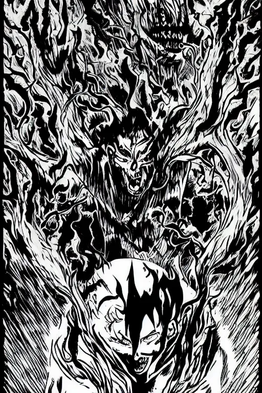 Prompt: demons attacking humans far away, fire, field, horror, trees, manga style,