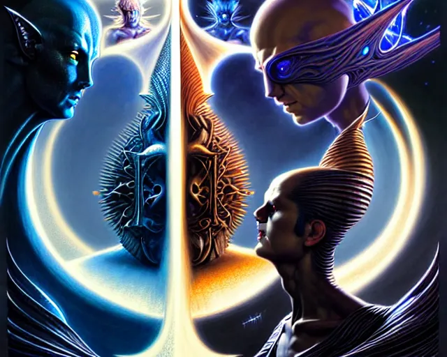 Image similar to the battle of light and dark, gemini facing each other, fantasy character portrait made of fractals, ultra realistic, wide angle, intricate details, the fifth element artifacts, highly detailed by peter mohrbacher, hajime sorayama, wayne barlowe, boris vallejo, aaron horkey, gaston bussiere, craig mullins